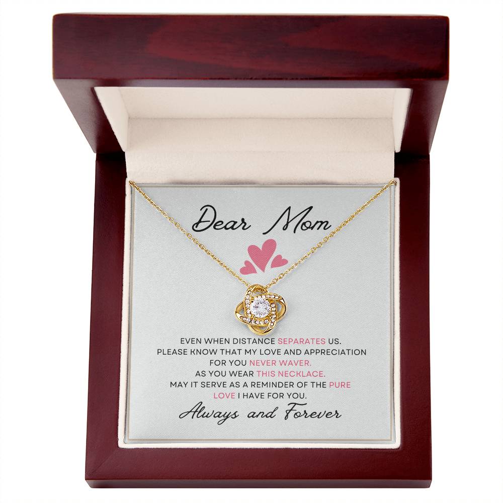 Dear Mom Distance Pure Love You Card Gift Love Knot Necklace From Daughter With Message Card Mother's Day Necklace Gift for Mom, Mother Necklace, Mom Birthday Present From Daughter