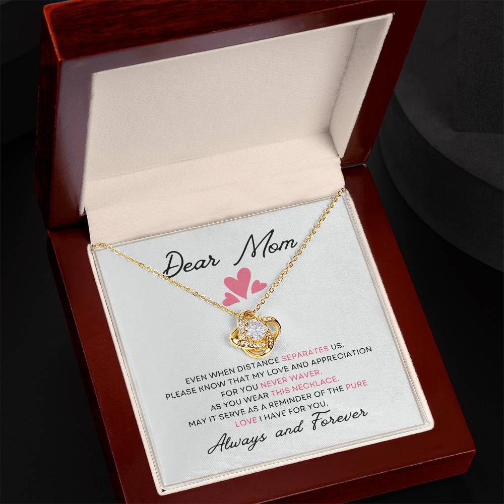 Dear Mom Distance Pure Love You Card Gift Love Knot Necklace From Daughter With Message Card Mother's Day Necklace Gift for Mom, Mother Necklace, Mom Birthday Present From Daughter