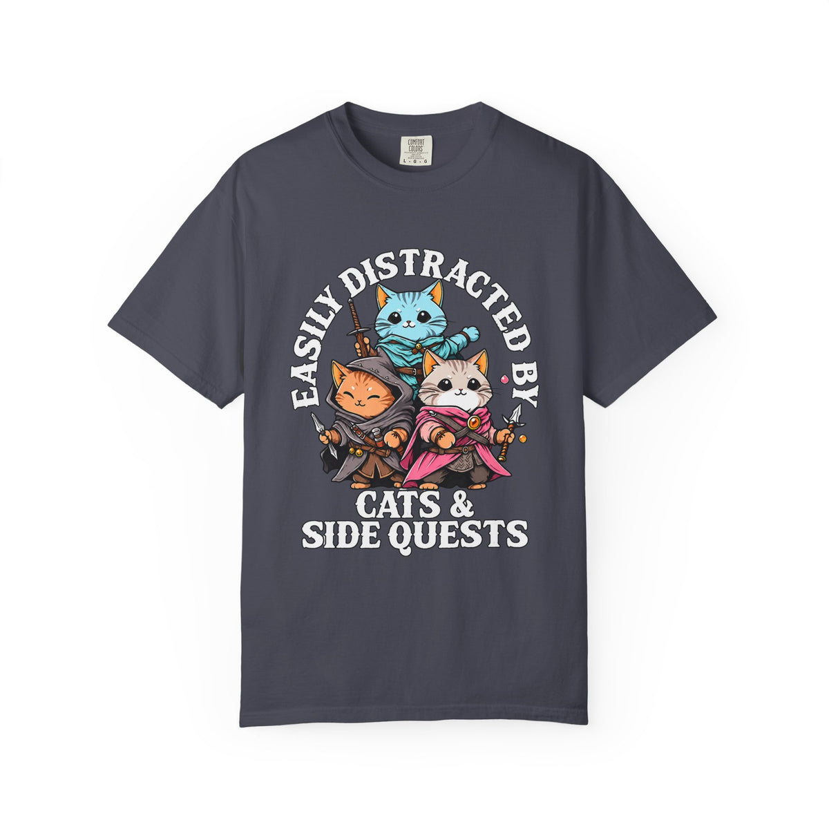 Navy Cats & Side Quests shirt with three fantasy cat adventurers, front view