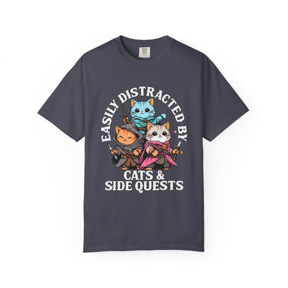 Navy Cats & Side Quests shirt with three fantasy cat adventurers, front view