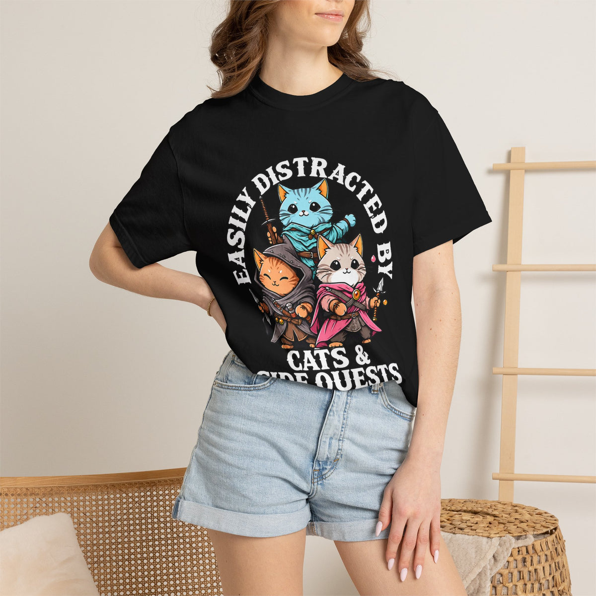 Model wearing the Black Cats & Side Quests Comfort Colors 1717 shirt