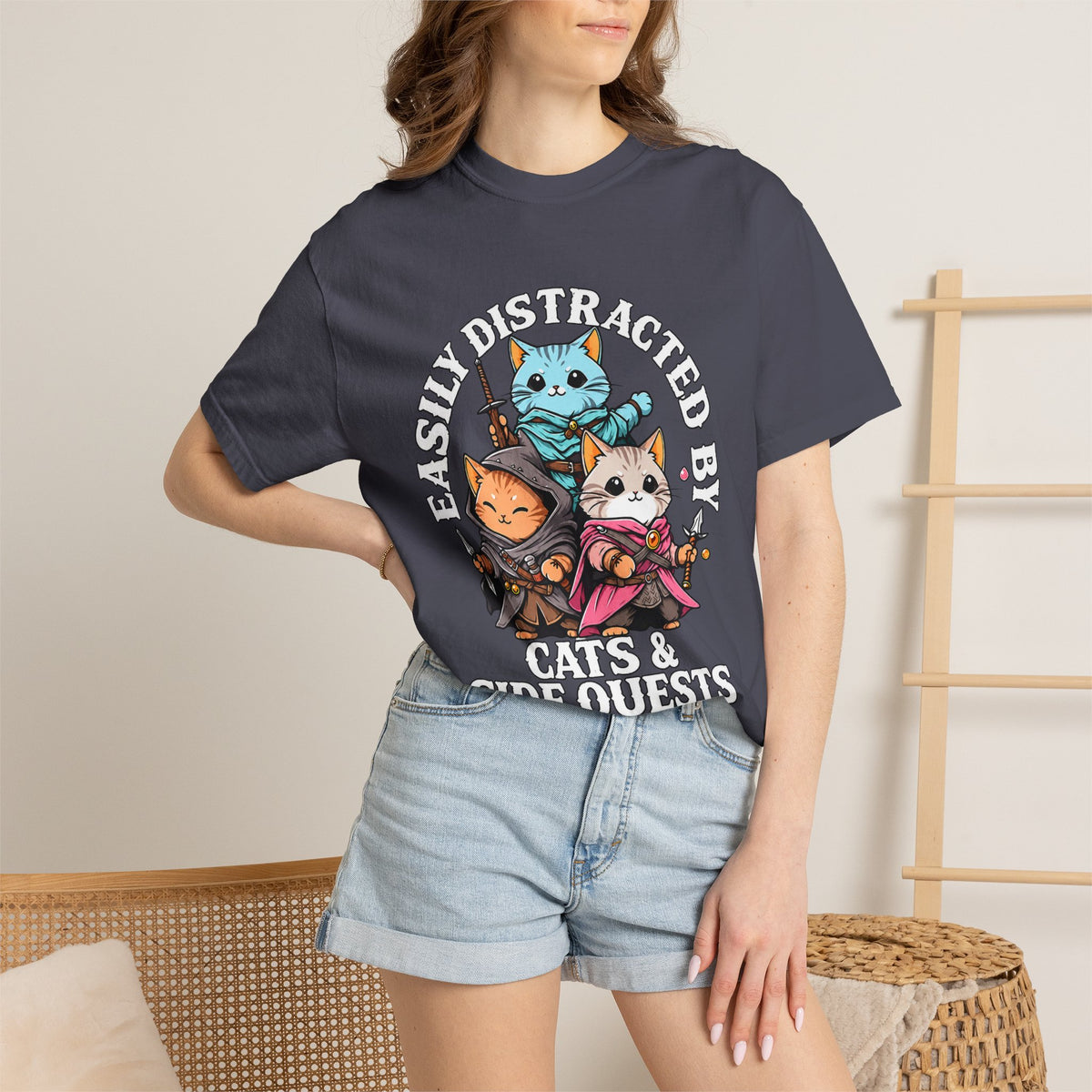 Model wearing the Navy Cats & Side Quests Comfort Colors 1717 shirt