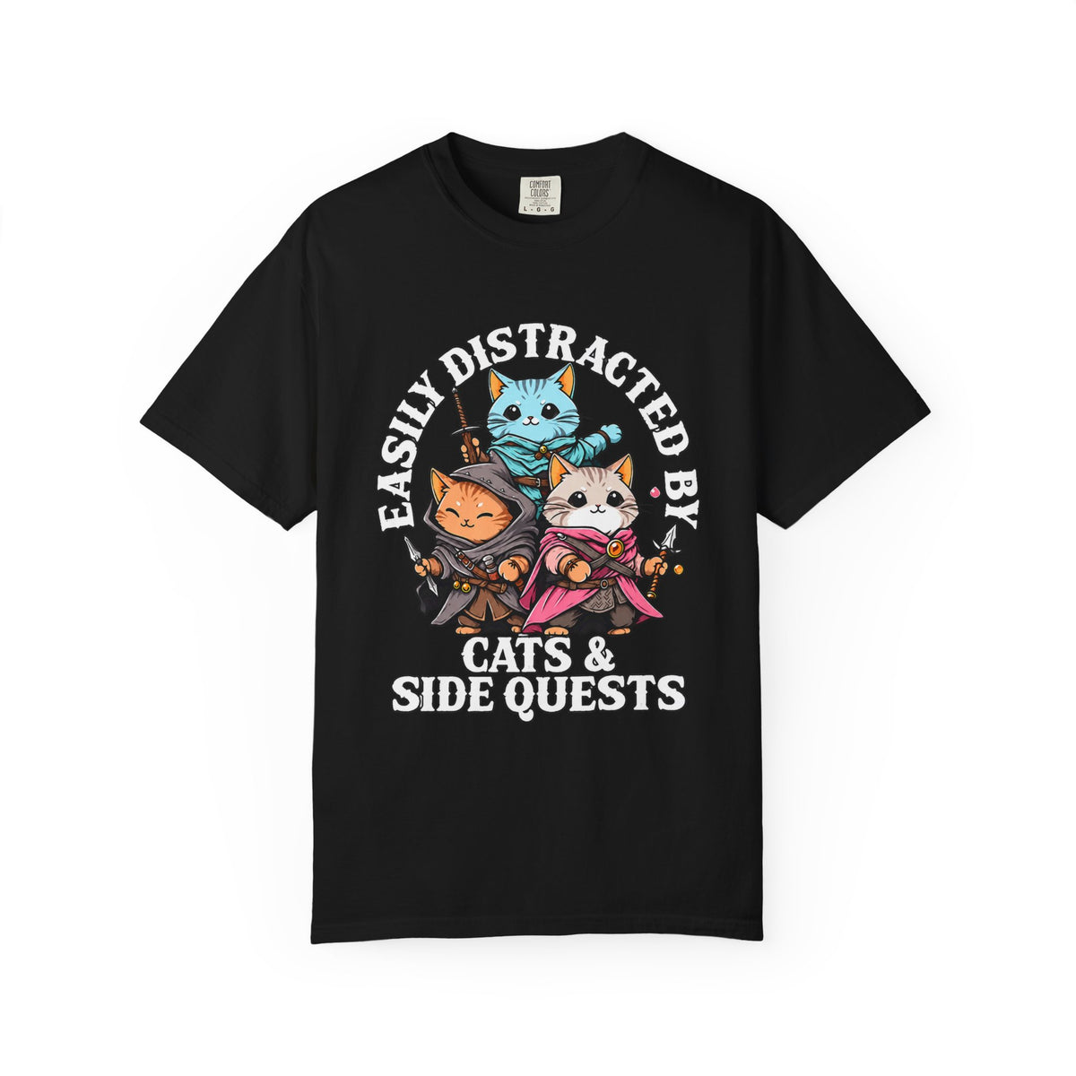 Black Cats & Side Quests shirt with three fantasy cat adventurers, front view