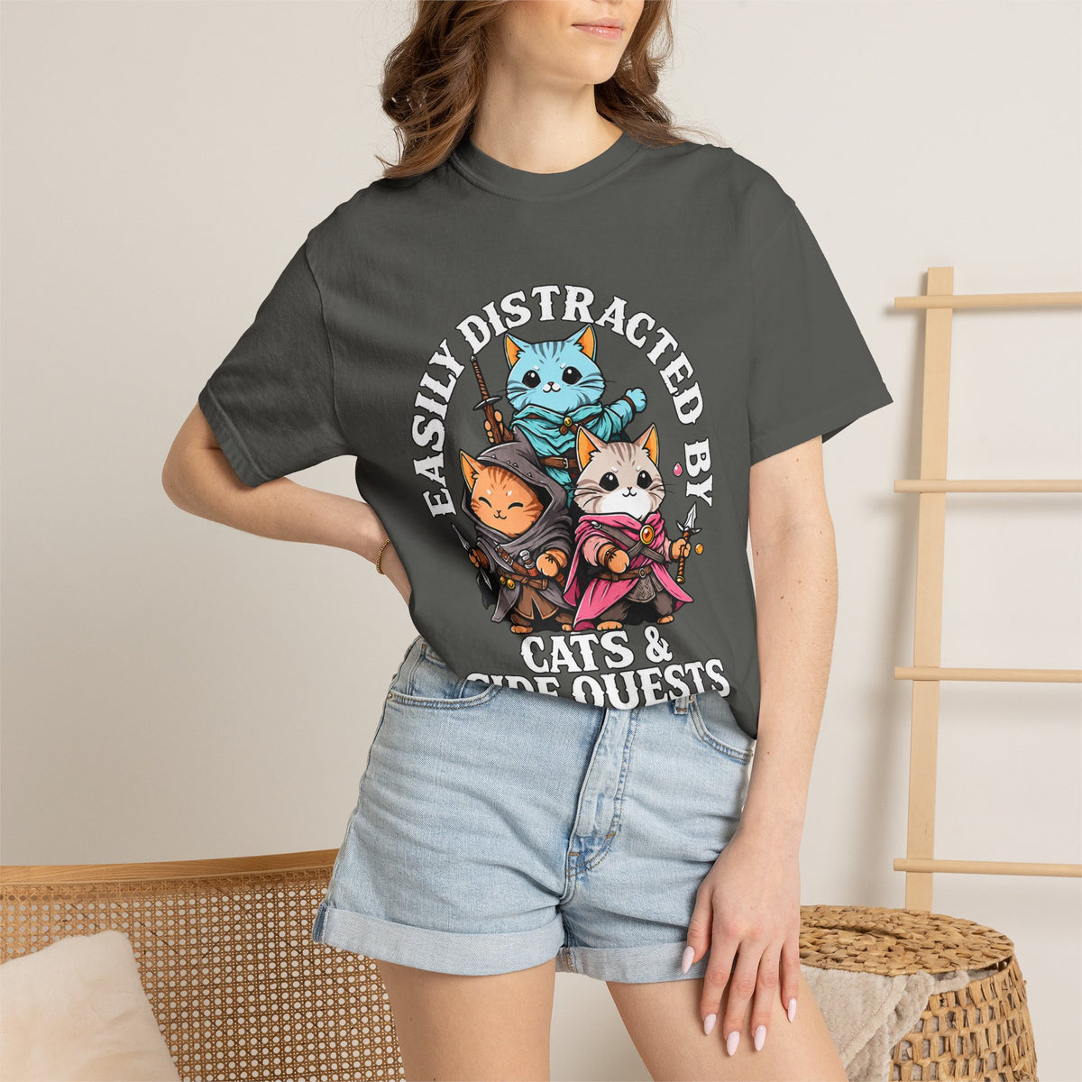 Model wearing the Pepper Cats & Side Quests Comfort Colors 1717 shirt