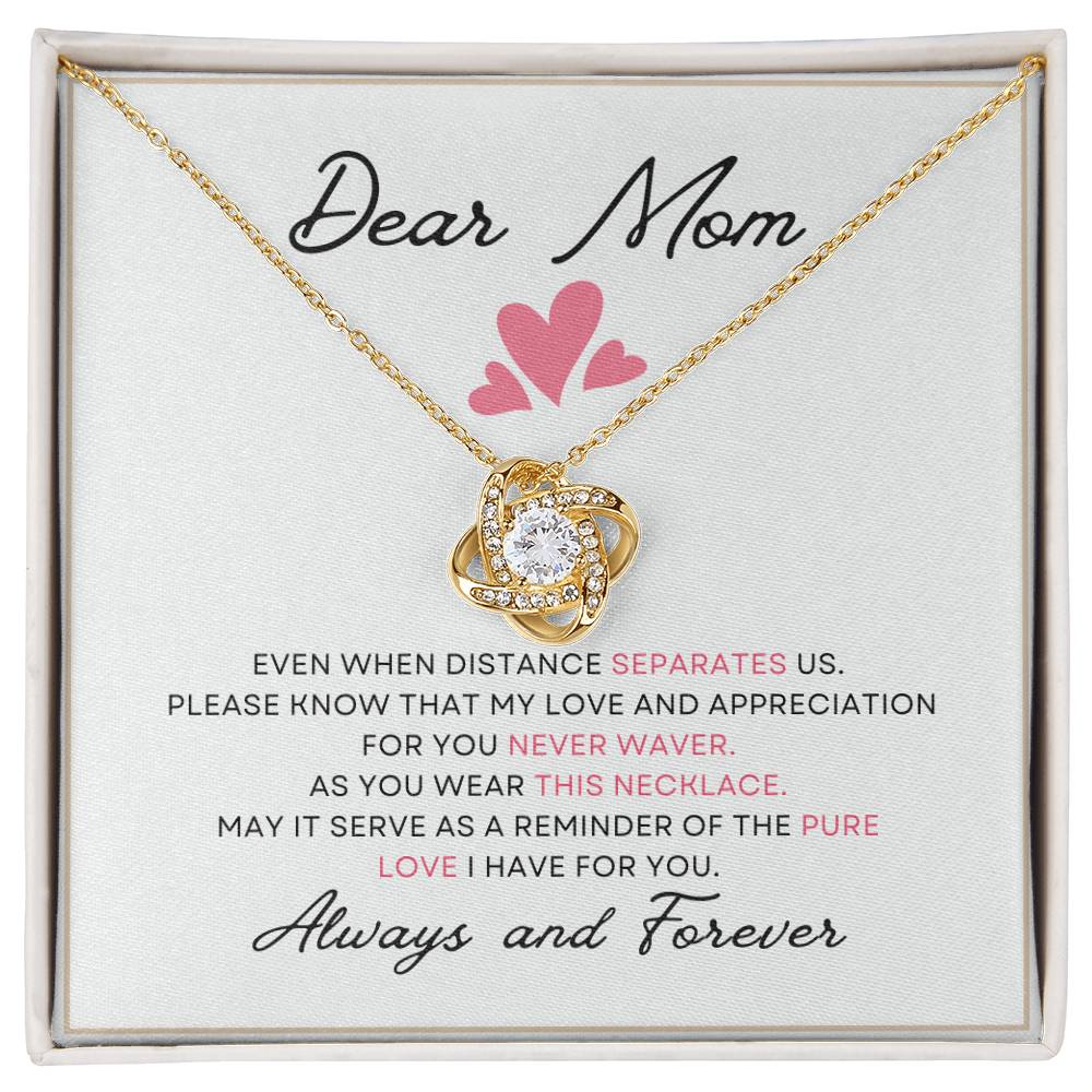 Dear Mom Distance Pure Love You Card Gift Love Knot Necklace From Daughter With Message Card Mother's Day Necklace Gift for Mom, Mother Necklace, Mom Birthday Present From Daughter