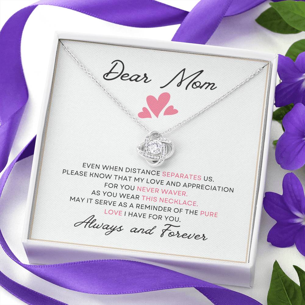 Dear Mom Distance Pure Love You Card Gift Love Knot Necklace From Daughter With Message Card Mother's Day Necklace Gift for Mom, Mother Necklace, Mom Birthday Present From Daughter