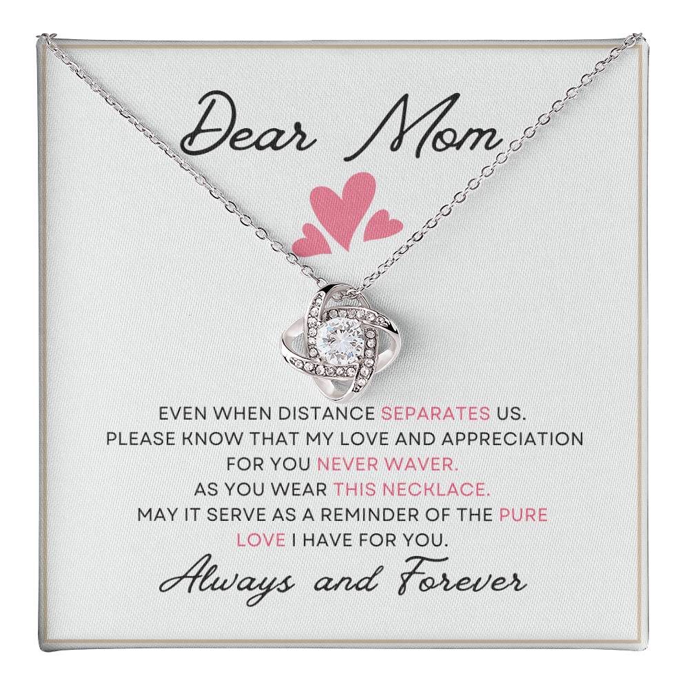 Dear Mom Distance Pure Love You Card Gift Love Knot Necklace From Daughter With Message Card Mother's Day Necklace Gift for Mom, Mother Necklace, Mom Birthday Present From Daughter