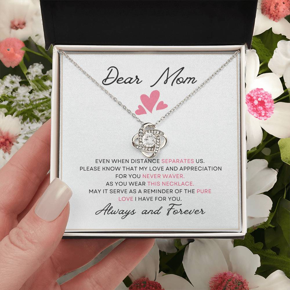 Dear Mom Distance Pure Love You Card Gift Love Knot Necklace From Daughter With Message Card Mother's Day Necklace Gift for Mom, Mother Necklace, Mom Birthday Present From Daughter