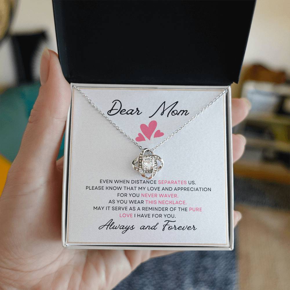 Dear Mom Distance Pure Love You Card Gift Love Knot Necklace From Daughter With Message Card Mother's Day Necklace Gift for Mom, Mother Necklace, Mom Birthday Present From Daughter