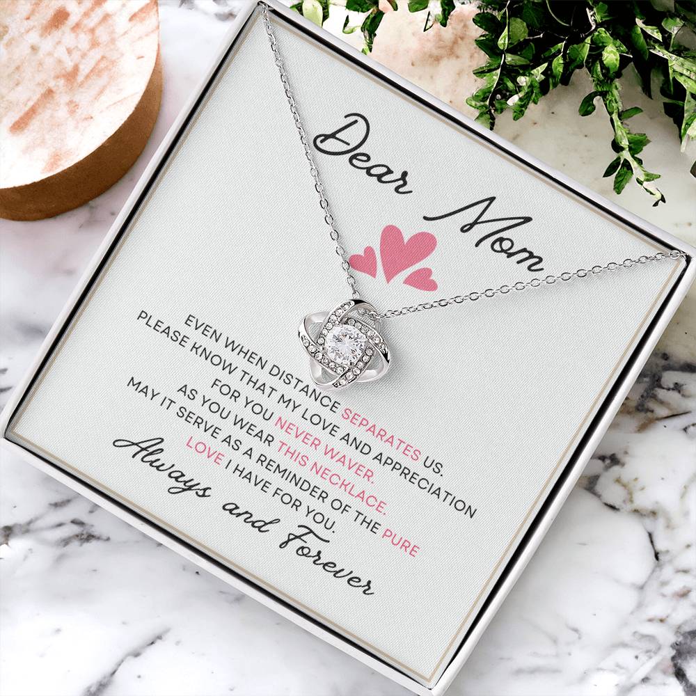 Dear Mom Distance Pure Love You Card Gift Love Knot Necklace From Daughter With Message Card Mother's Day Necklace Gift for Mom, Mother Necklace, Mom Birthday Present From Daughter