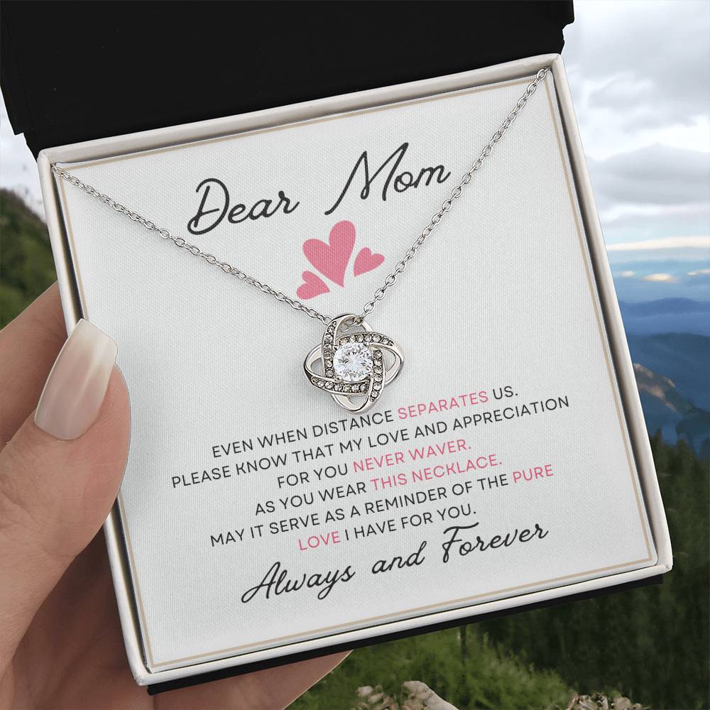 Dear Mom Distance Pure Love You Card Gift Love Knot Necklace From Daughter With Message Card Mother's Day Necklace Gift for Mom, Mother Necklace, Mom Birthday Present From Daughter