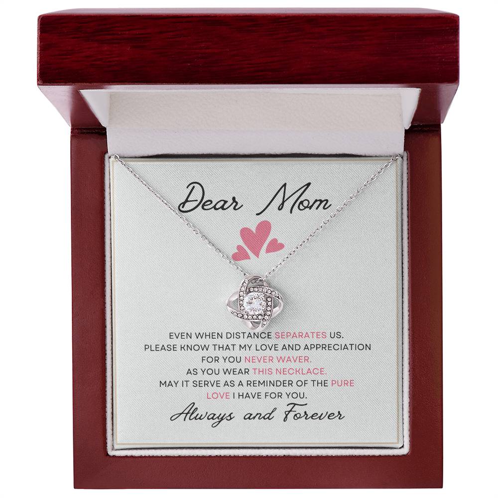 Dear Mom Distance Pure Love You Card Gift Love Knot Necklace From Daughter With Message Card Mother's Day Necklace Gift for Mom, Mother Necklace, Mom Birthday Present From Daughter