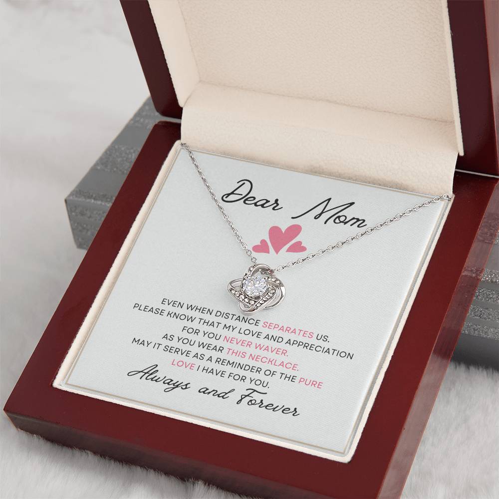 Dear Mom Distance Pure Love You Card Gift Love Knot Necklace From Daughter With Message Card Mother's Day Necklace Gift for Mom, Mother Necklace, Mom Birthday Present From Daughter