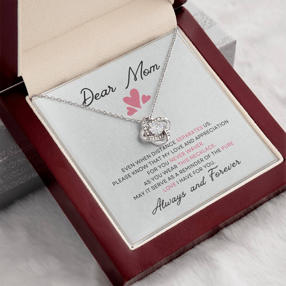 Dear Mom Distance Pure Love You Card Gift Love Knot Necklace From Daughter With Message Card Mother's Day Necklace Gift for Mom, Mother Necklace, Mom Birthday Present From Daughter