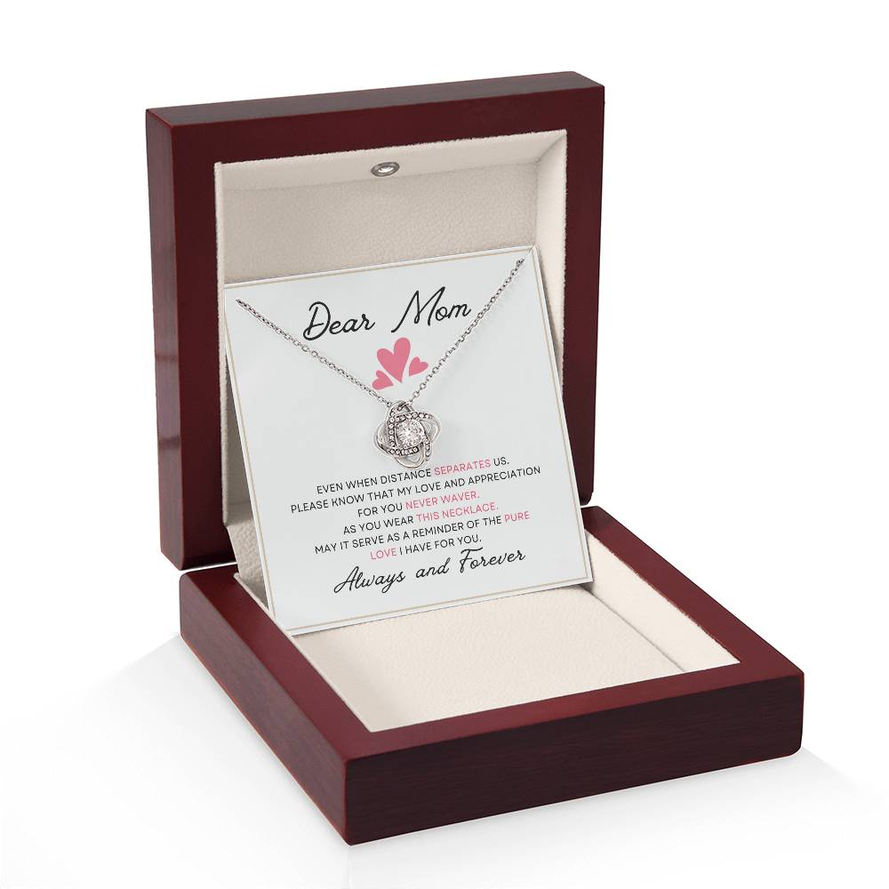 Dear Mom Distance Pure Love You Card Gift Love Knot Necklace From Daughter With Message Card Mother's Day Necklace Gift for Mom, Mother Necklace, Mom Birthday Present From Daughter