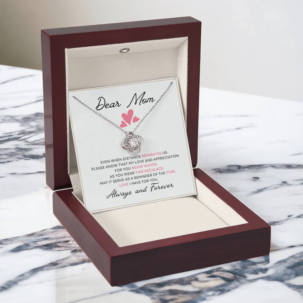 Dear Mom Distance Pure Love You Card Gift Love Knot Necklace From Daughter With Message Card Mother's Day Necklace Gift for Mom, Mother Necklace, Mom Birthday Present From Daughter