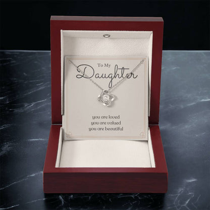 To My Daughter loved valued beautiful message card necklace, white gold luxury box, upright display
