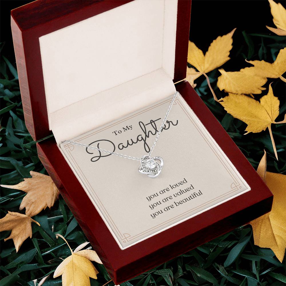 To My Daughter loved valued beautiful message card necklace, white gold luxury box, angled foliage