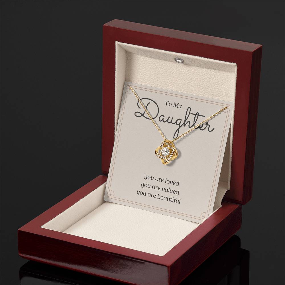 To My Daughter loved valued beautiful message card necklace, yellow gold luxury box, left angle