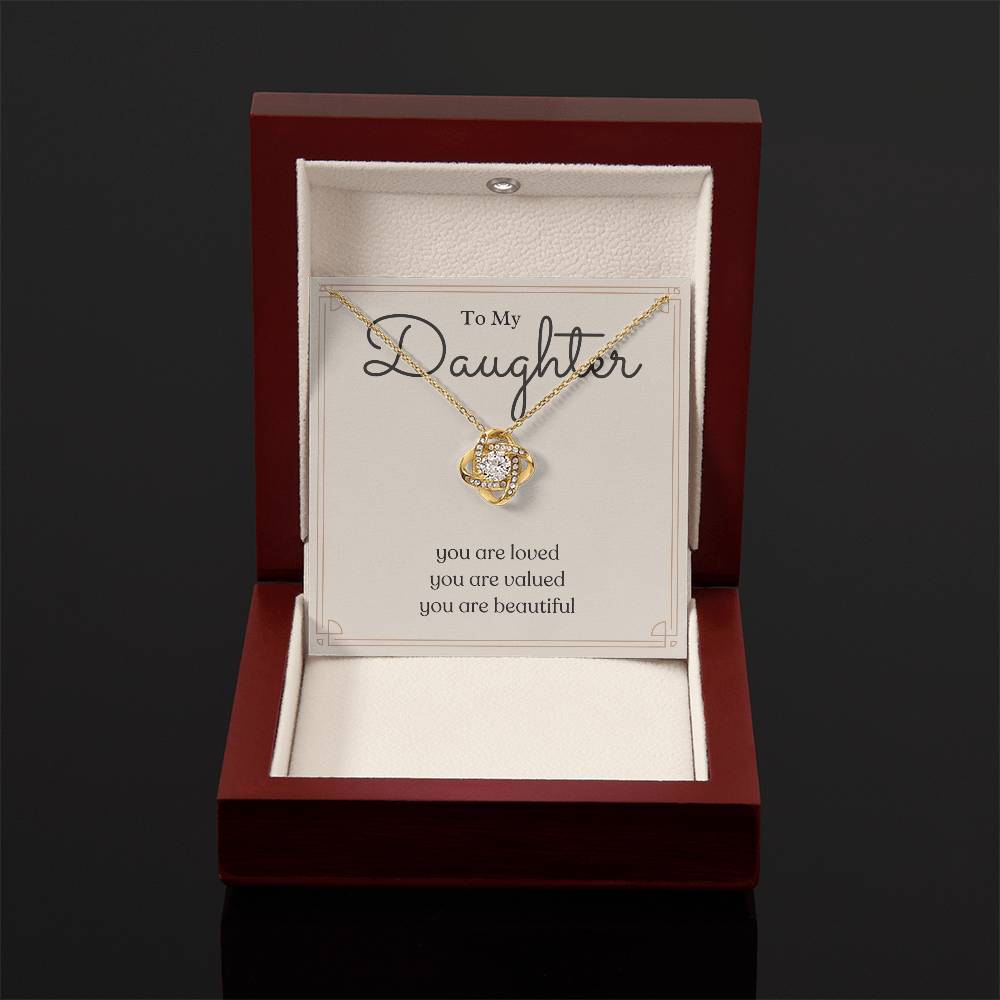 To My Daughter loved valued beautiful message card necklace, yellow gold luxury box, front display