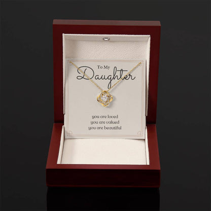 To My Daughter loved valued beautiful message card necklace, yellow gold luxury box, front display