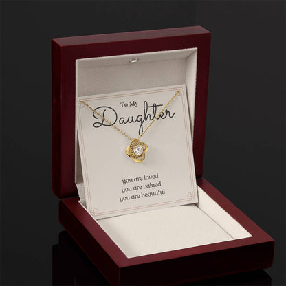 To My Daughter loved valued beautiful message card necklace, yellow gold luxury box, right angle