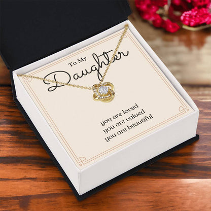 To My Daughter loved valued beautiful message card necklace, yellow gold standard box, angled floral