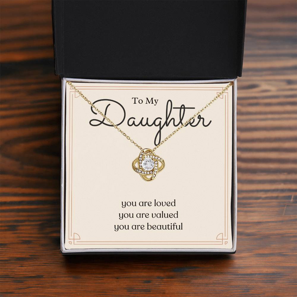 To My Daughter loved valued beautiful message card necklace, yellow gold standard box, front display