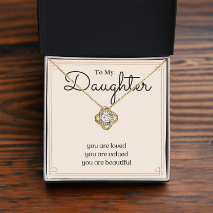 To My Daughter loved valued beautiful message card necklace, yellow gold standard box, front display